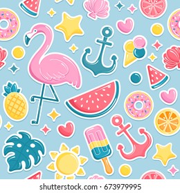 Summer beach elements seamless pattern.  Flamingo, ice cream, watermelon, sun, monstera, pineapple. Vector illustration