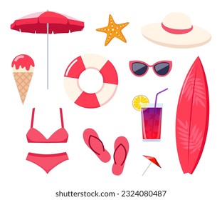 Summer beach elements, set. Summer colorful objects collection for outdoor trip vacation. Vector illustration