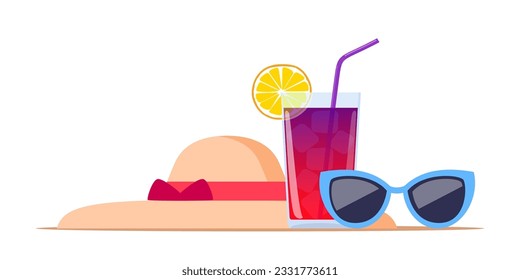 Summer beach elements, set. Summer colorful objects collection for outdoor trip vacation. Vector illustration