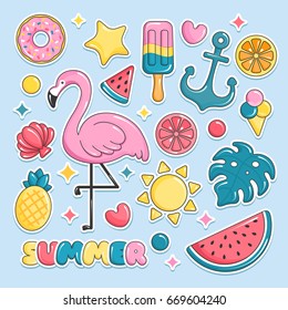 Summer beach elements stickers. Flamingo, ice cream, watermelon, sun, monstera, pineapple. Vector illustration