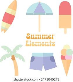 Summer beach elements. summer vector element set .surfboard, palm tree, ice cream, beach umbrella , short