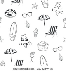 Summer beach elements vector seamless pattern in whimsical hand drawn style. Girly flat illustrations.