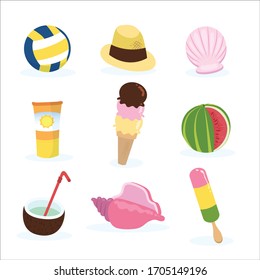 Summer beach elements vector set isolated on a white background.