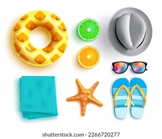 Summer beach elements vector set design. Summer travel vacation and swimming element isolated in white background. Vector illustration tropical season elements collection. 