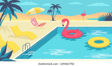 Summer beach empty swimming pool, sunbeds and flamingo swimming mattress