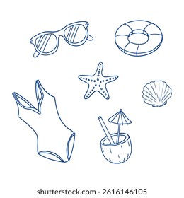 Summer beach essentials collection featuring swimwear, sunglasses, and beach accessories