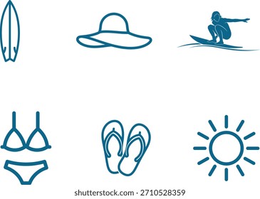 Summer Beach Essentials Icon Set for Holiday Travel Planning Relaxation Featuring Sun Surfboard Hat Bikini Flipflops Promoting Vacation Fun