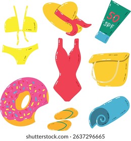 Summer Beach Essentials Including Swimsuit, Sunhat, Flip-Flops, Sunscreen, and Tote Bag. Vibrant illustration of summer beach items featuring swimsuit, hat, flip-flops, sunscreen, and accessories. 