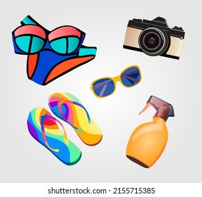 Summer beach essentials - set of colorful realistic vector illustrations: flip flop, swimsuit, camera, sunglasses, spray bottle. Isolated on white background.
