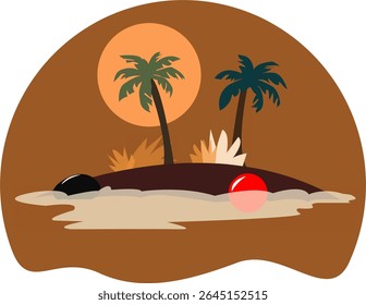summer beach evening of and island with coconut trees sea shore , a rock and a red ball floating on the sea