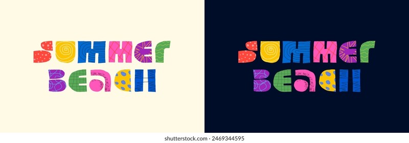 Summer beach event abstract decorative inscription concept. Modern colorful graphic shapes lettering for vacation holiday. Summertime season party trendy creative logo. Sunny bright badge eps isolated