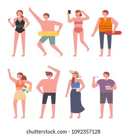 Summer beach fashion characters. flat design style vector illustration set