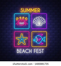 Summer beach fest. Summer holiday banner. Neon banner. Neon sign. Vector.