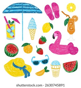 Summer beach. Flamingo inflatable circle, watermelon, beach umbrella, hat. Pastel drawings. Vector illustration with pastel texture
