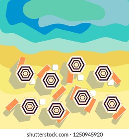 Summer beach in flat design, aerial view, sea side and umbrellas, vector illustration