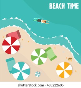 Summer beach in flat design, aerial view, sea side and umbrellas, vector illustration.