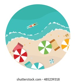 Summer beach in flat design, aerial view, sea side and umbrellas, vector illustration