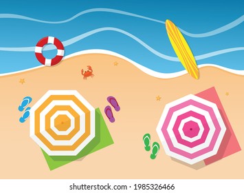 
Summer beach in flat design, sea side and beach items, seen from above. umbrella, swim ring, surfboard, mat, slippers, starfish, sea and beach sand. vector illustration.