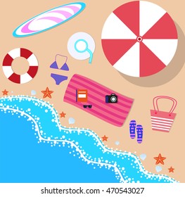 Summer beach in flat design, sea side and beach items, vector illustration