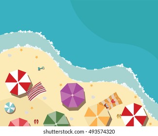 Summer beach in flat design, sea side and beach items, vector illustration.
