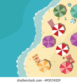 Summer beach in flat design, sea side and beach items, vector illustration.