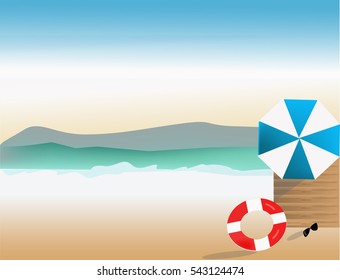 Summer beach in flat design, sea side and beach items, vector illustration