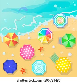 Summer beach in flat design style. Shell and towel, starfish and summertime, relaxation summer tourism,  vector illustration
