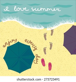 Summer beach in flat design. Vector illustration of summer holidays. 