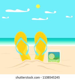 Summer beach flat design with yellow flip flops and fresh cocktail.