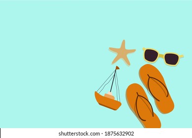 Summer beach flat lay accessories on colored Background. Travel holiday concept with text space vector illustration.