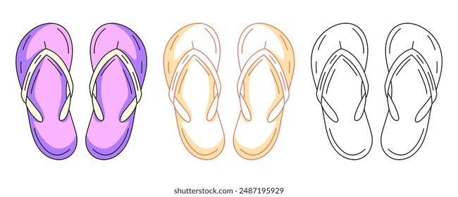 Summer beach flip flops, colorful and line icons set. Seasonal shoes, travel and vacation concept, vector outline icon, monochrome and color illustration. For logo, sticker, coloring book, label