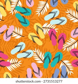 Verão Praia Flip Flops e Palm Leaves Vetor Padrão sem emenda