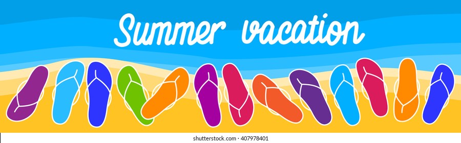 Summer Beach Flip Flops Sand Tropical Vacation Banner Flat Vector Illustration