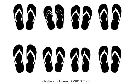 Verão praia flip flops silhueta ilustração vetorial set top view para férias tropicais viagens de mar e férias casuais lazer calçado design