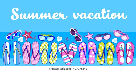 Summer Beach Flip Flops Sunglasses Tropical Vacation Banner Flat Vector Illustration