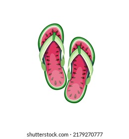 Summer beach flip flops vector illustration. Cartoon isolated colorful slippers with watermelon pattern, footwear accessories for pool or tropical sea beach, top view of sandals for female foot