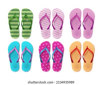 Juego de vectores de volquete de playa de verano. Colección veraniega de zapatillas coloridas para el viaje y elementos de moda de viaje aislados en el fondo blanco. Ilustración vectorial. 

