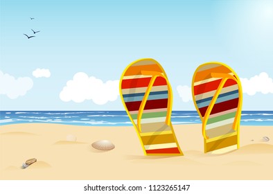 Summer beach with flips, shells and rocks under blue sky with clouds and birds - vector illustration