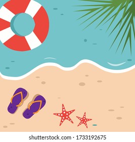 Summer beach with float, sandal, starfish, and coconut tree illustration