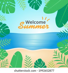 Summer beach with floral frame illustration. Scene square banner background