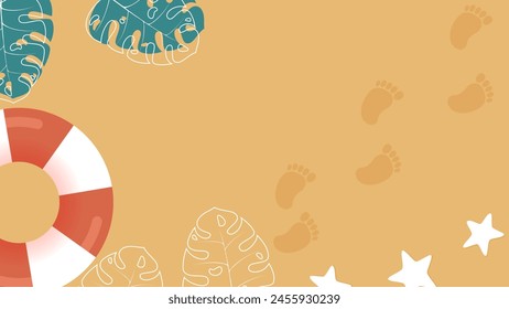 summer beach with footsteps on sand, border frame with monstera leaves and lifebuoy