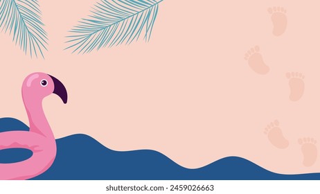 summer beach with footsteps on sand, border frame with tropical leaves and pink flamingo 