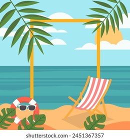 Summer Beach Frame Background with Tropical Leaf Plant and Copy Space