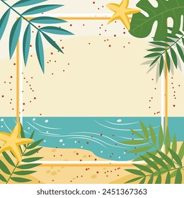 Summer Beach Frame Background with Tropical Leaf Plant and Copy Space