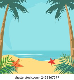 Summer Beach Frame Background with Tropical Leaf Plant and Copy Space