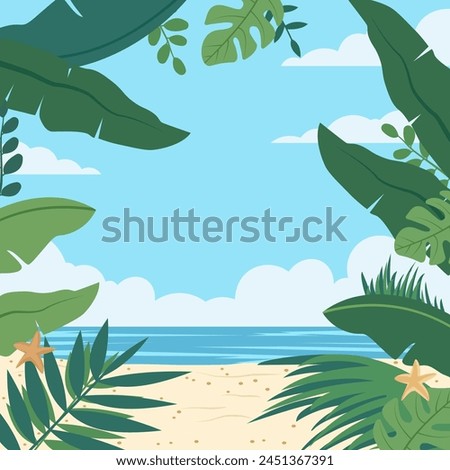 Summer Beach Frame Background with Tropical Leaf Plant and Copy Space