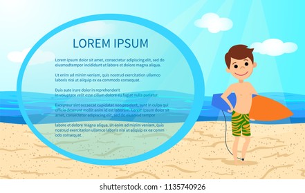 Summer, beach frame. Surfer with surfboard. Vector illustration.