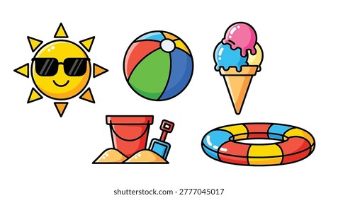 Summer beach fun colorful objects collection