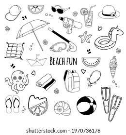Summer Beach Fun Doodles. Summer beach vacation icons set, travel, flip flops, ice cream, shells, ball, drink, towel, water gun, sunglasses, umbrella, octopus, hat.