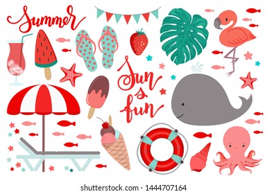 Summer beach fun icon set. Flat design vacation objects vector collection. Sunshade and deck chair. Polka dot flip-flops. Flamingo. Ice cream refreshment. Monstera leaf. Summer calligraphy lettering.